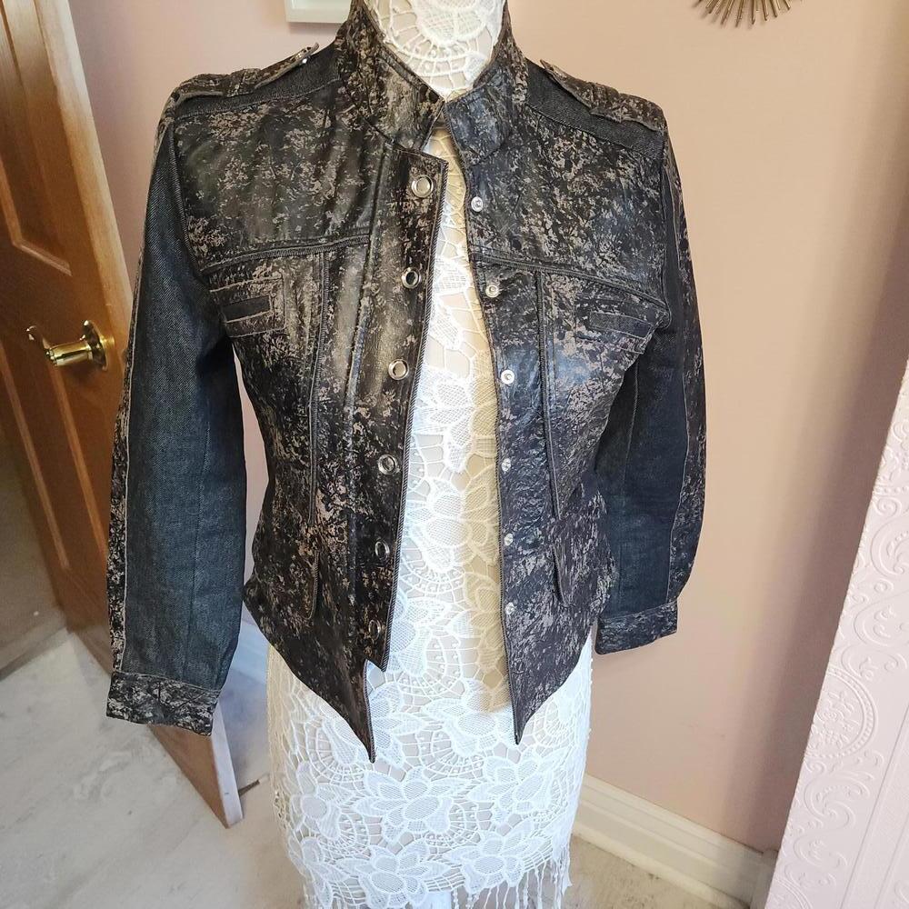 LKNW H & D leather denim blend jacket unique brown black tan S love flawless - Picture 4 of 8